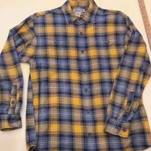 Duluth Trading Co Navy and Mustard Plaid Shirt
